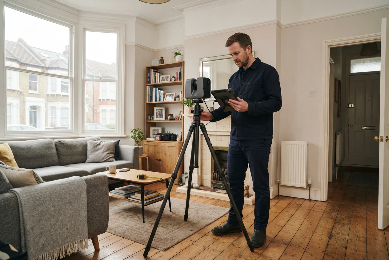 A surveyor operating a 3D laser scanner inside a London home