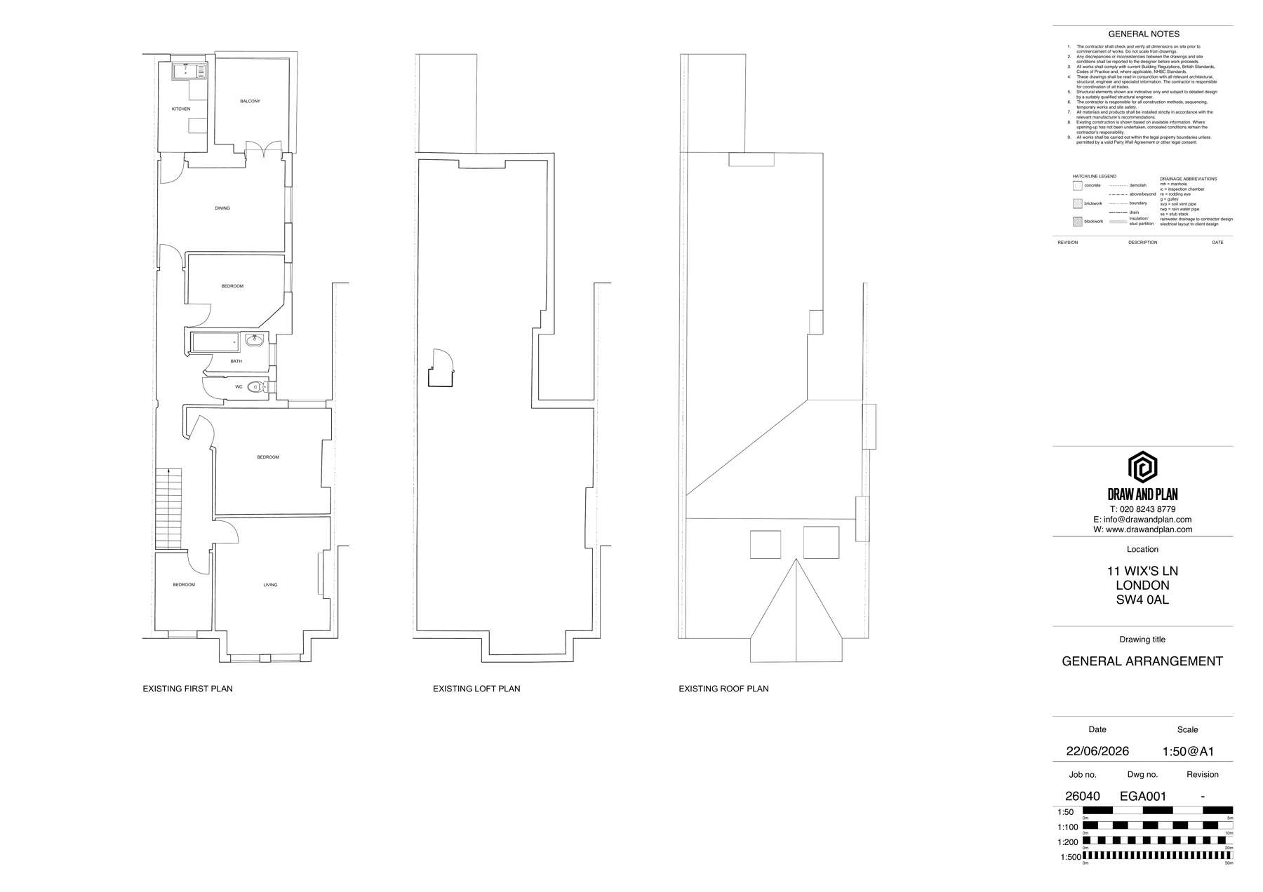 Existing floor and roof plans for a residential loft conversion