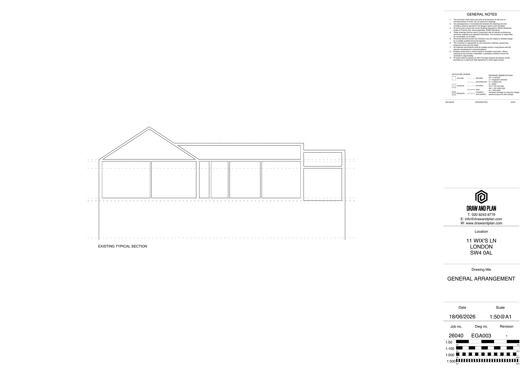 Existing building section for a residential loft conversion
