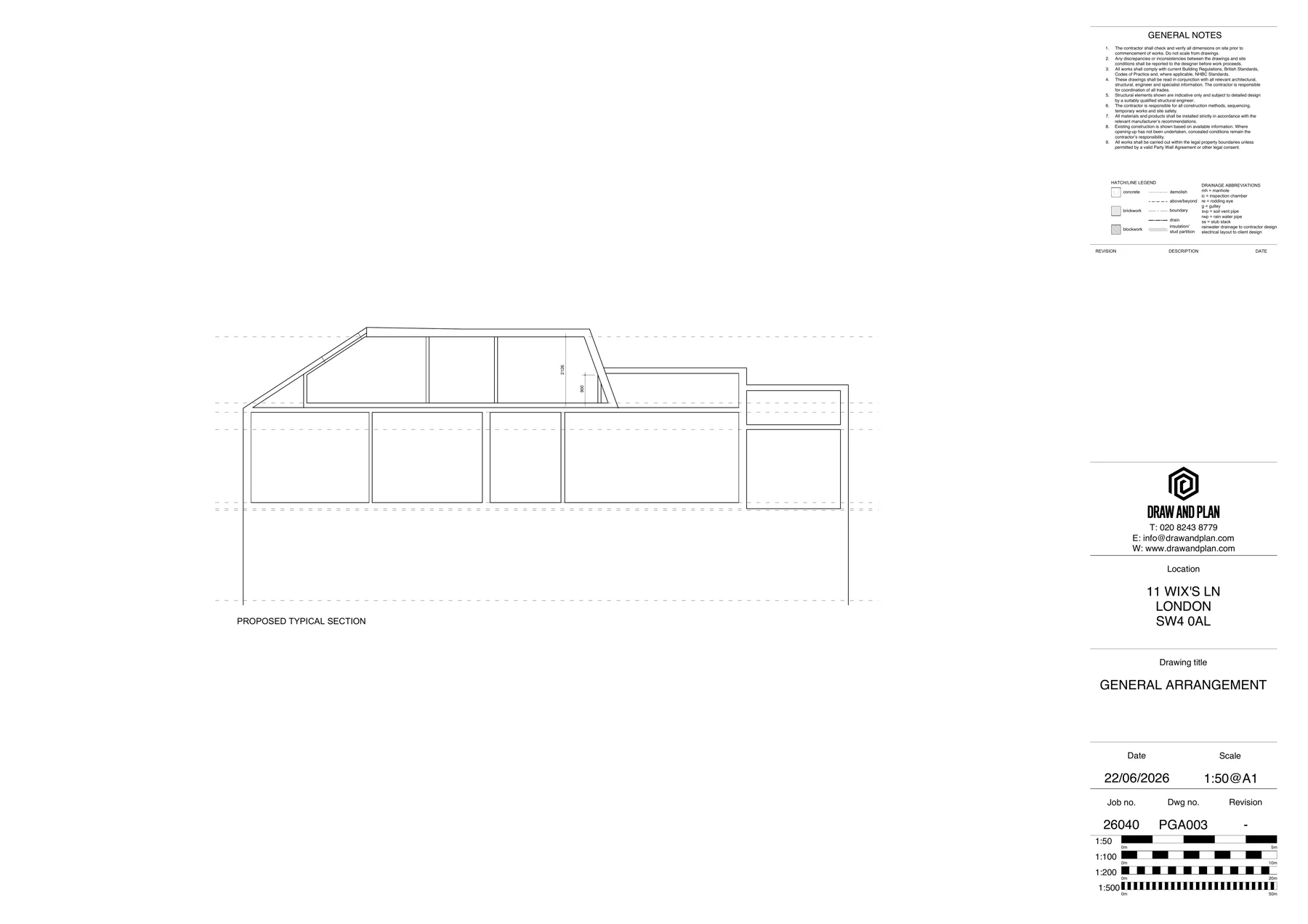 Proposed building section for a residential loft conversion